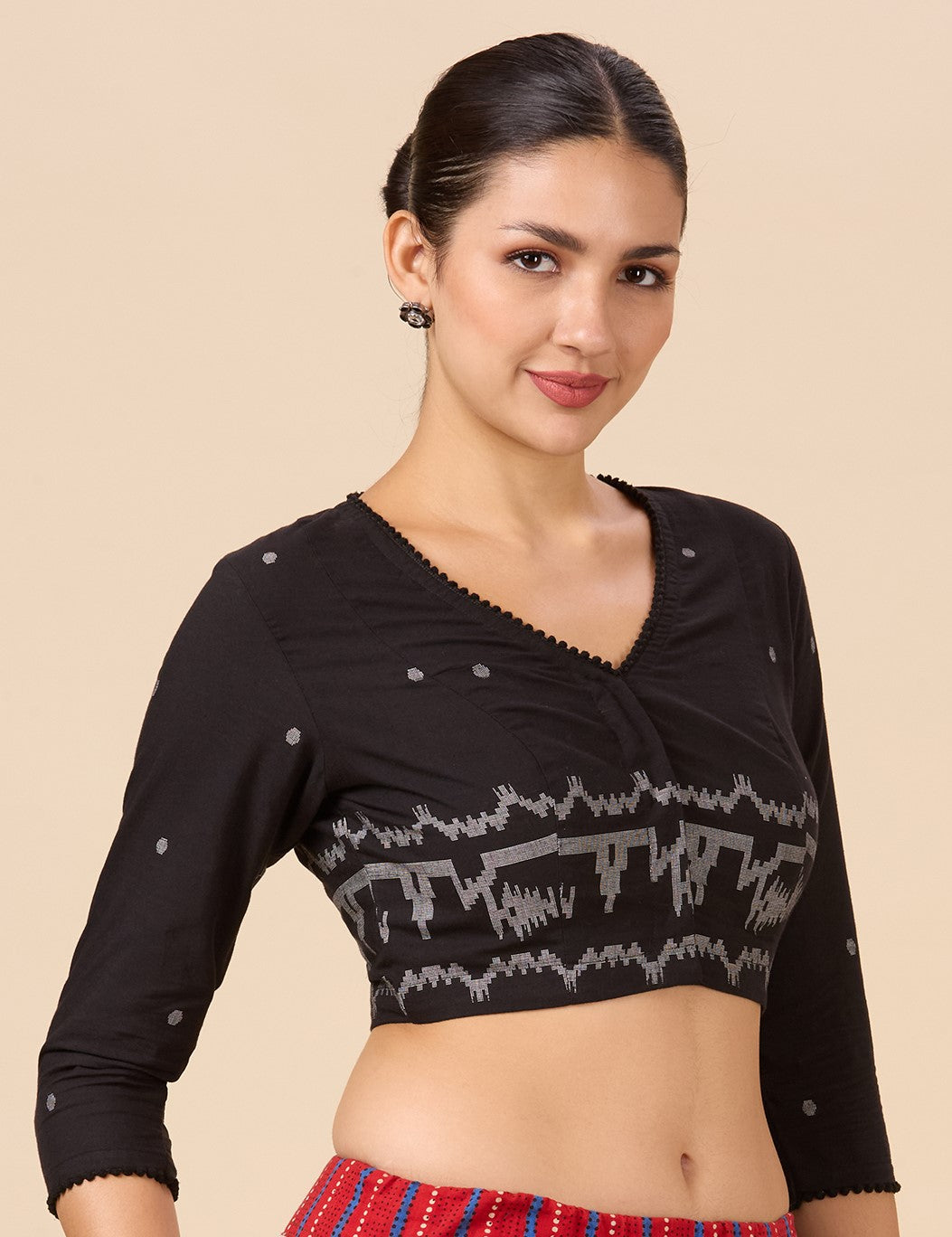 Studio Shringaar Women's Black Cotton Temple Border Readymade Saree Blouse(Design 2885)