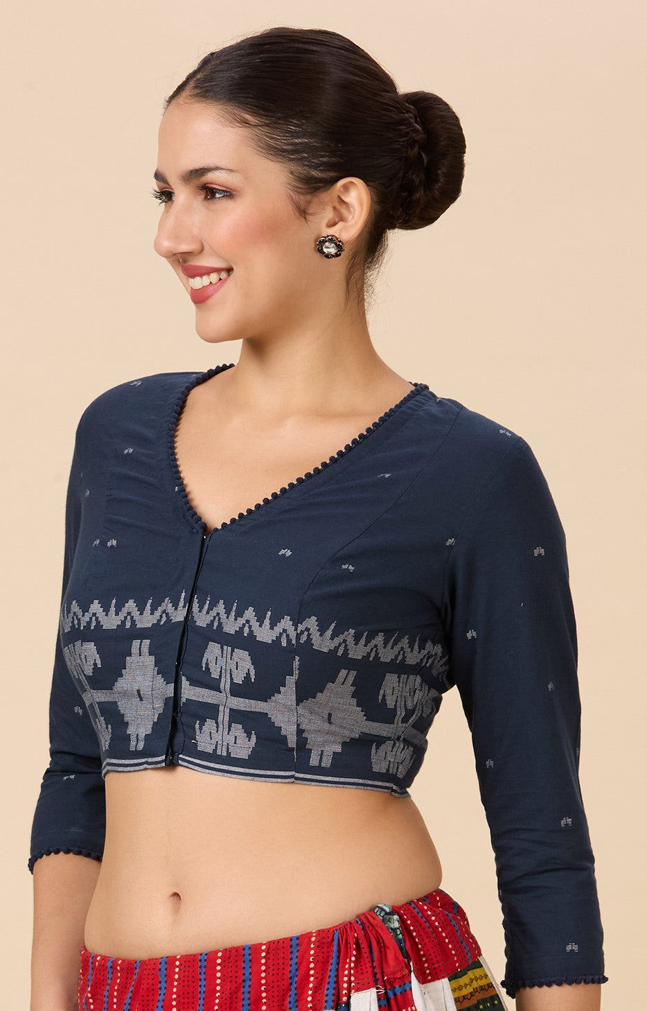 Studio Shringaar Women's Navy Blue Cotton Temple Border Readymade Saree Blouse(Design 2885)