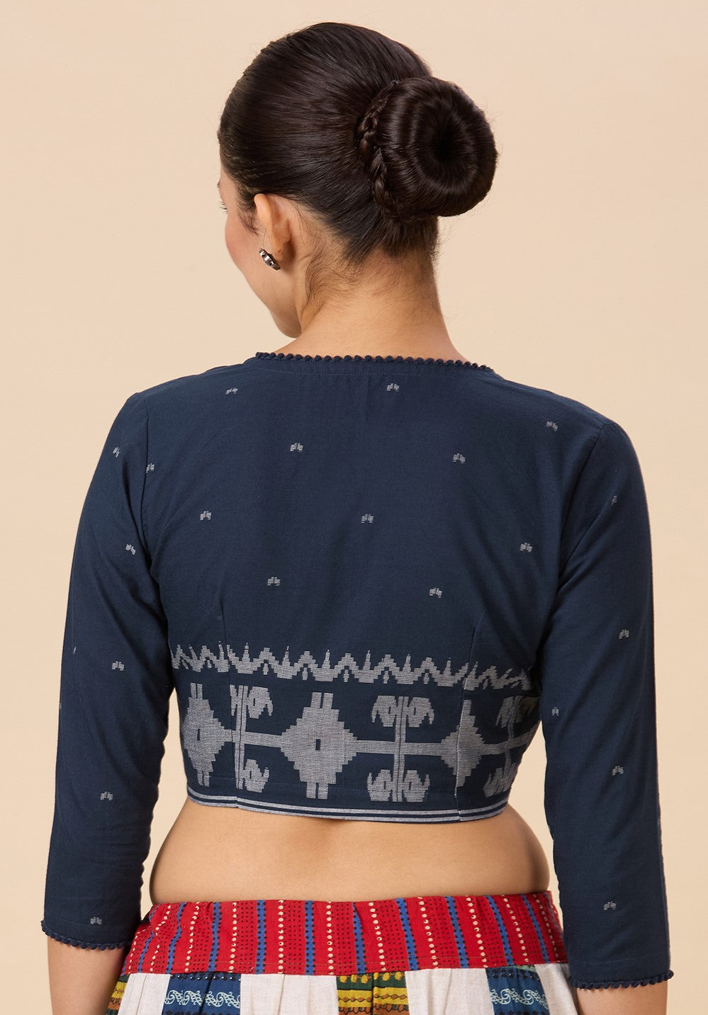 Studio Shringaar Women's Navy Blue Cotton Temple Border Readymade Saree Blouse(Design 2885)