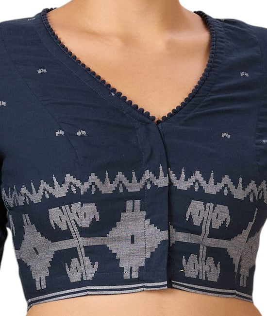 Studio Shringaar Women's Navy Blue Cotton Temple Border Readymade Saree Blouse(Design 2885)