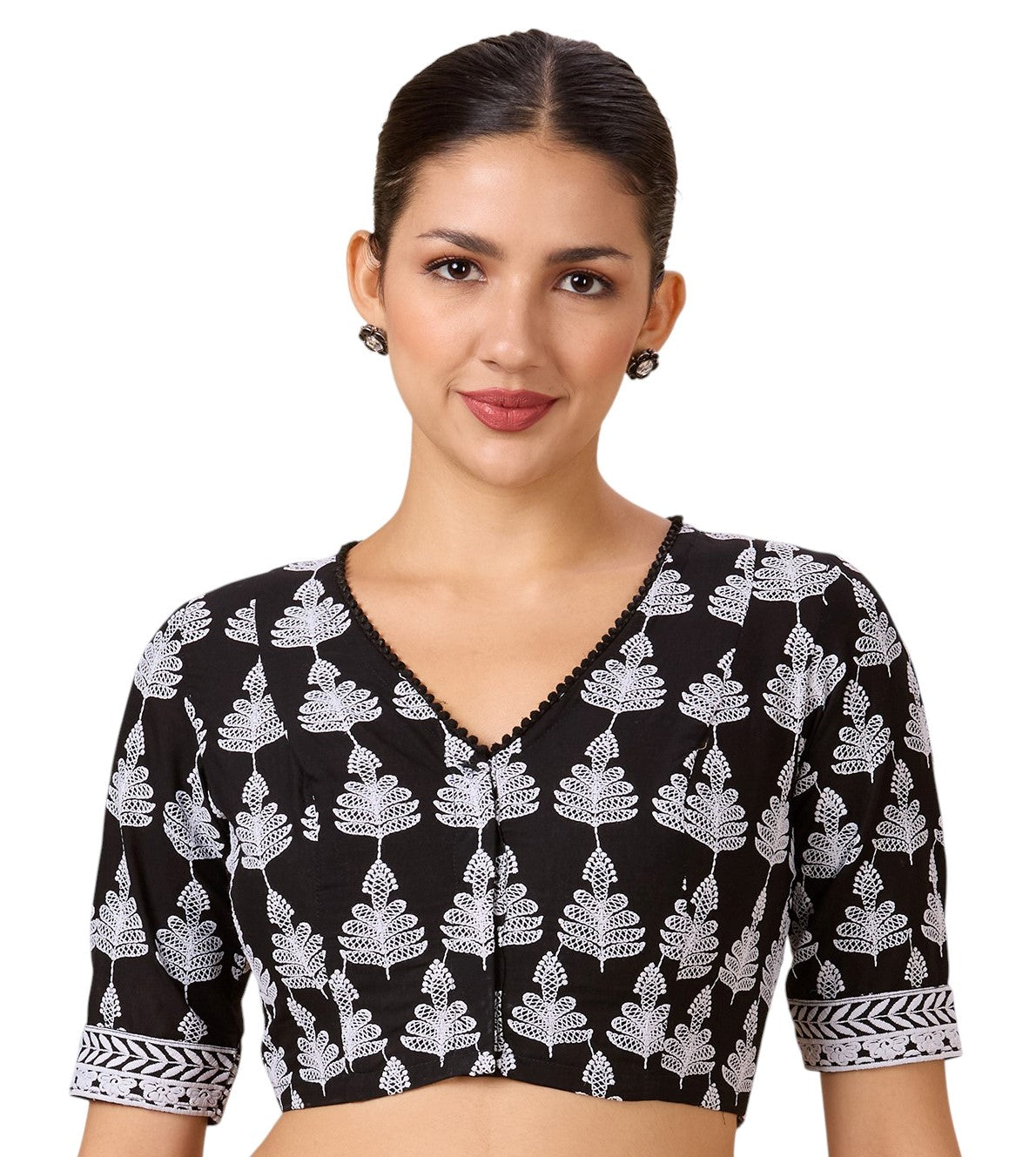 Studio Shringaar Women's Black Cotton Petal Chikankari Readymade Saree Blouse (2887)
