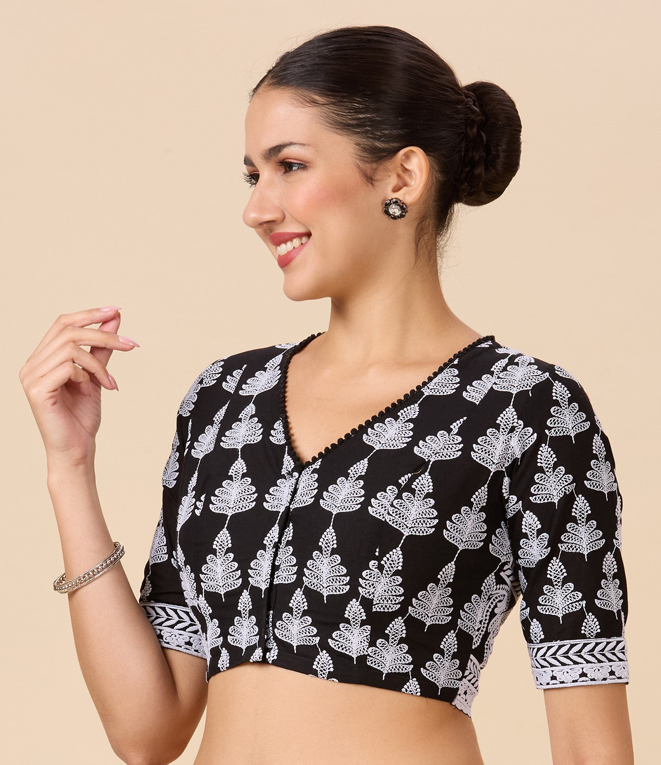 Studio Shringaar Women's Black Cotton Petal Chikankari Readymade Saree Blouse (2887)