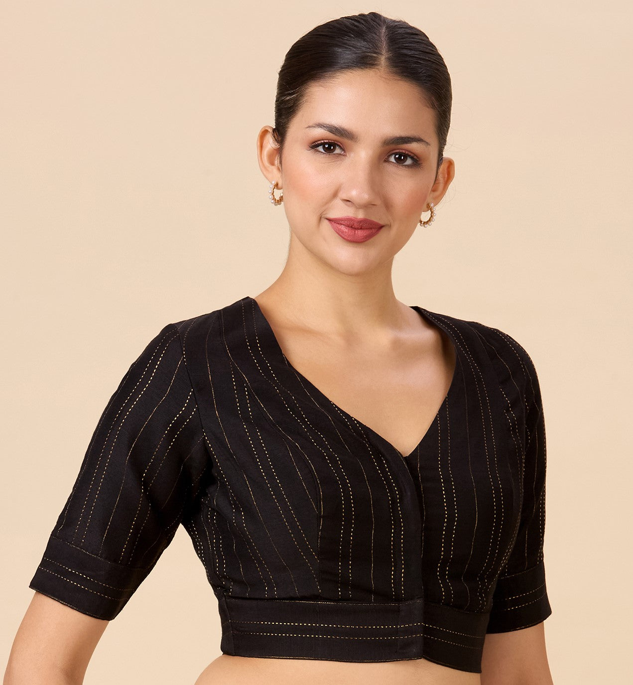 Studio Shringaar Women's Black Cotton Silk Blended Saree Blouse with Zari Stripes(Design 2889)
