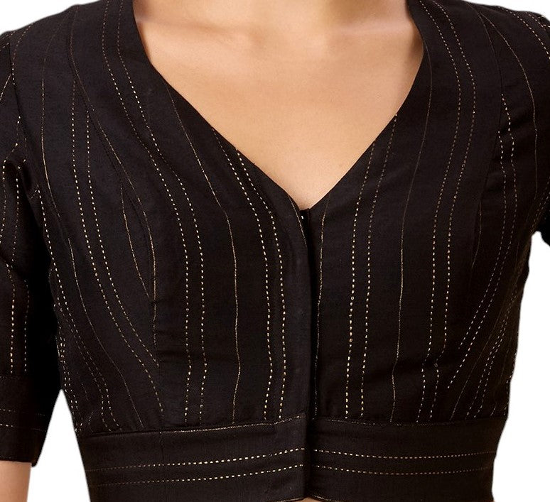 Studio Shringaar Women's Black Cotton Silk Blended Saree Blouse with Zari Stripes(Design 2889)