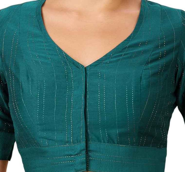 Studio Shringaar Women's Blue Cotton Silk Blended Saree Blouse with Zari Stripes(Design 2889)
