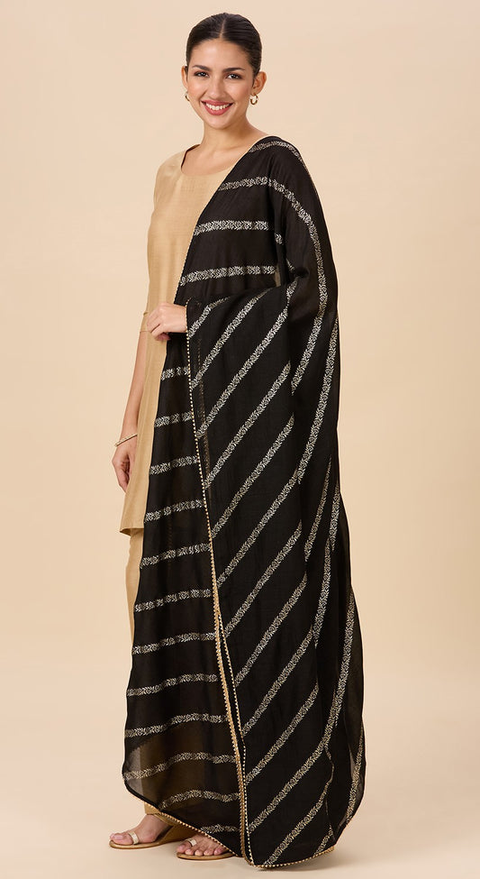 Women's Silky Polyester Full Size Dupatta With Golden Lehariya Print (42" X 2.5 Meters) (2892 -Black)