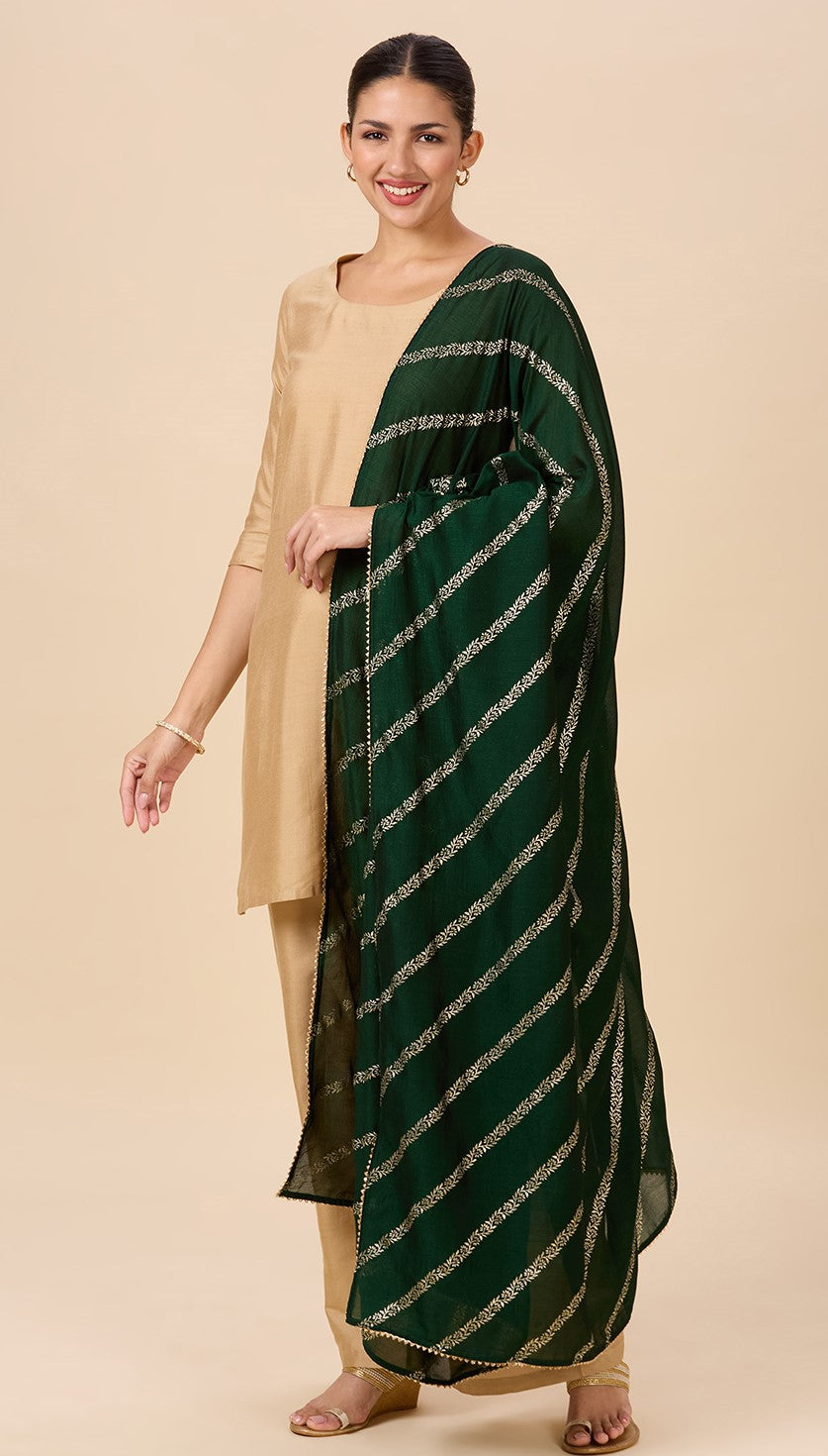 Women's Silky Polyester Full Size Dupatta With Golden Lehariya Print (42" X 2.5 Meters) (2892 - Green)