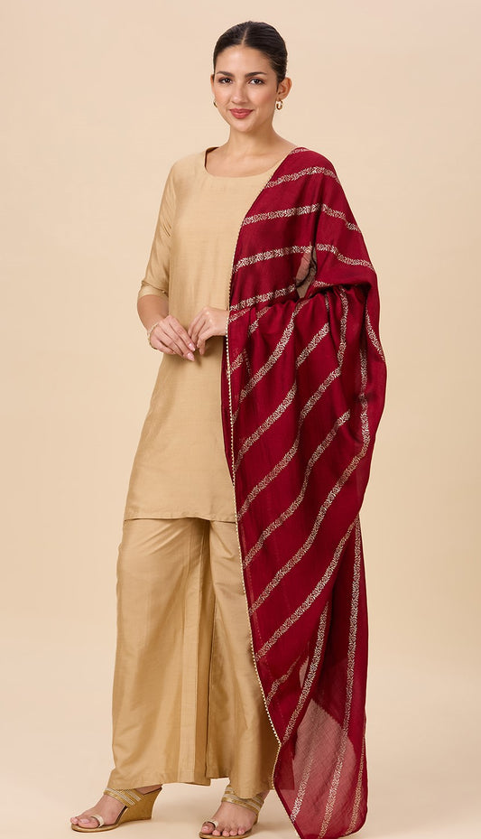 Women's Silky Polyester Full Size Dupatta With Golden Lehariya Print (42" X 2.5 Meters) (2892 -Maroon)