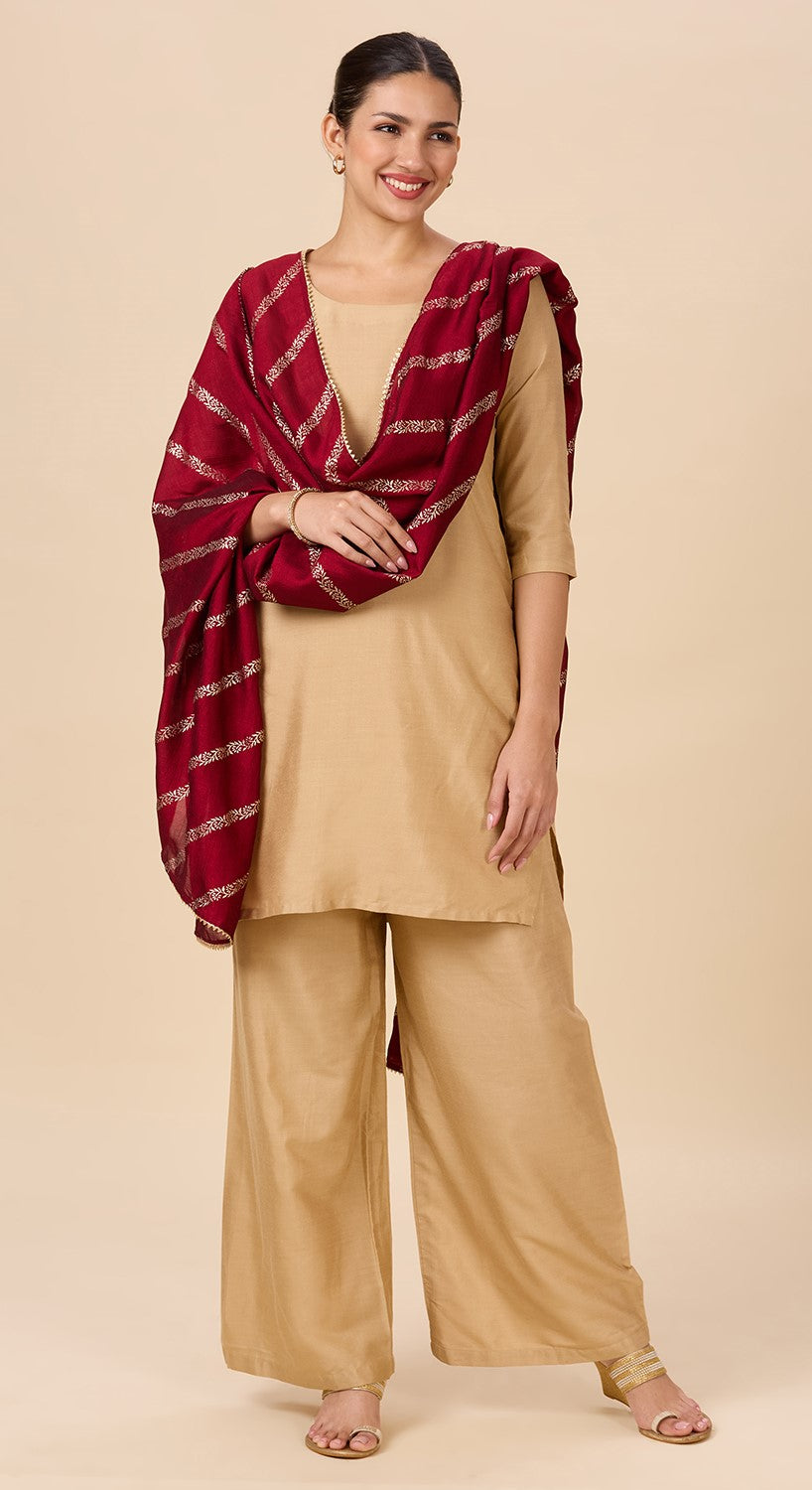 Women's Silky Polyester Full Size Dupatta With Golden Lehariya Print (42" X 2.5 Meters) (2892 -Maroon)