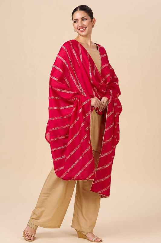 Women's Silky Polyester Full Size Dupatta With Golden Lehariya Print (42" X 2.5 Meters) (2892 - Pink)