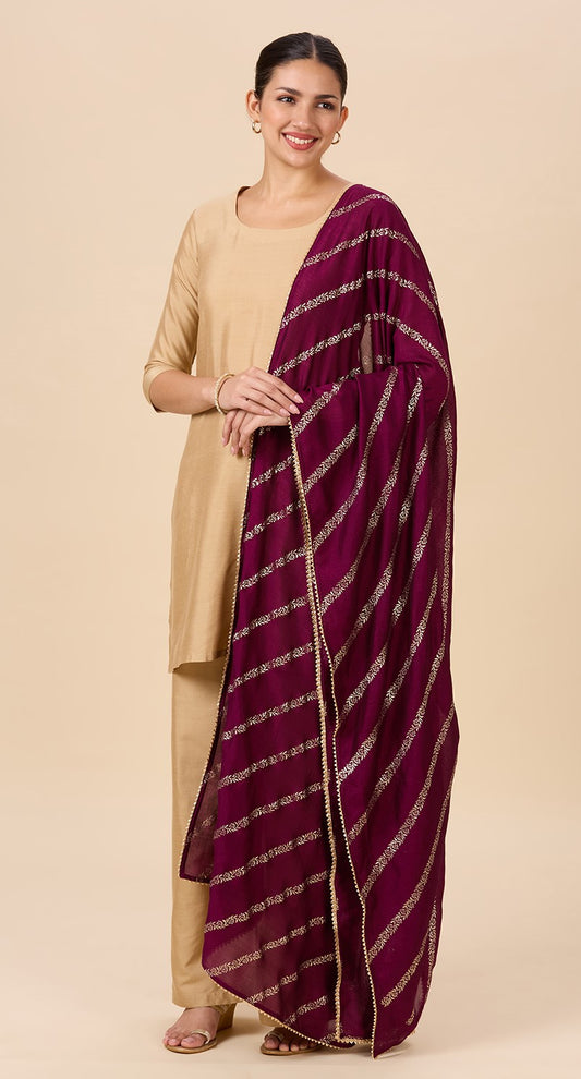Women's Silky Polyester Full Size Dupatta With Golden Lehariya Print (42" X 2.5 Meters) (2892 - Wine)