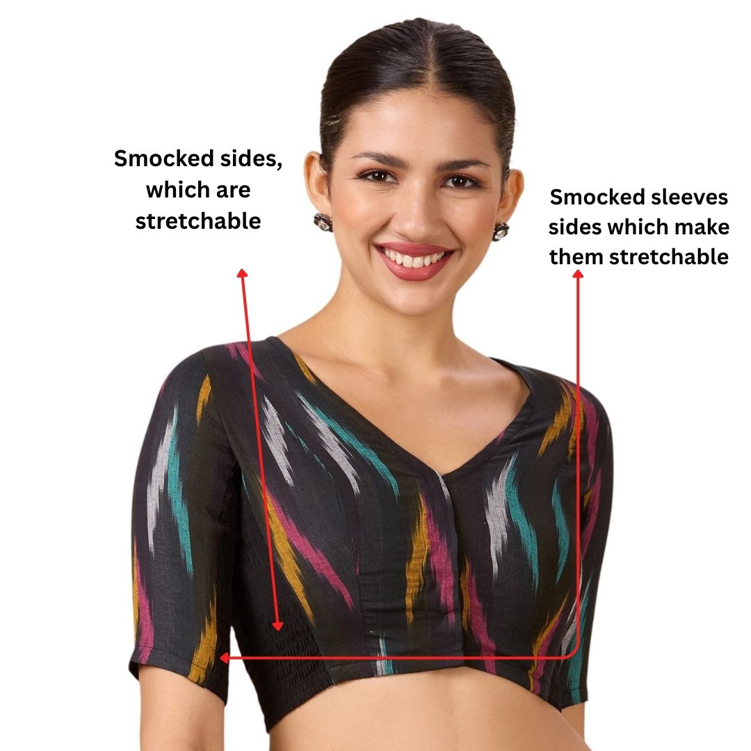 Studio Shringaar Women's Black with Multicolour Cotton Ikat Stretchable (Smocked) Saree Blouse (Design 2894)
