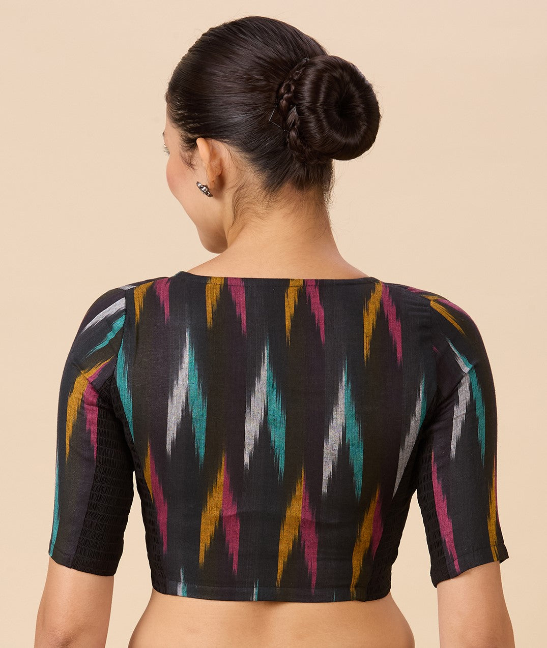 Studio Shringaar Women's Black with Multicolour Cotton Ikat Stretchable (Smocked) Saree Blouse (Design 2894)