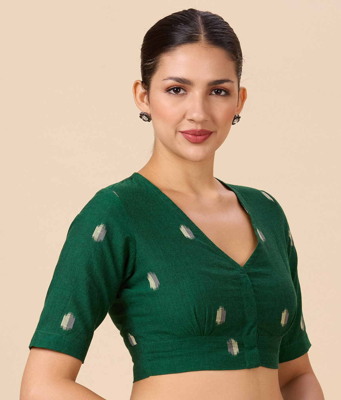 Studio Shringaar Women's Green Pure Cotton Soft Ikat Front Open Readymade Saree Blouse (Design 2895)