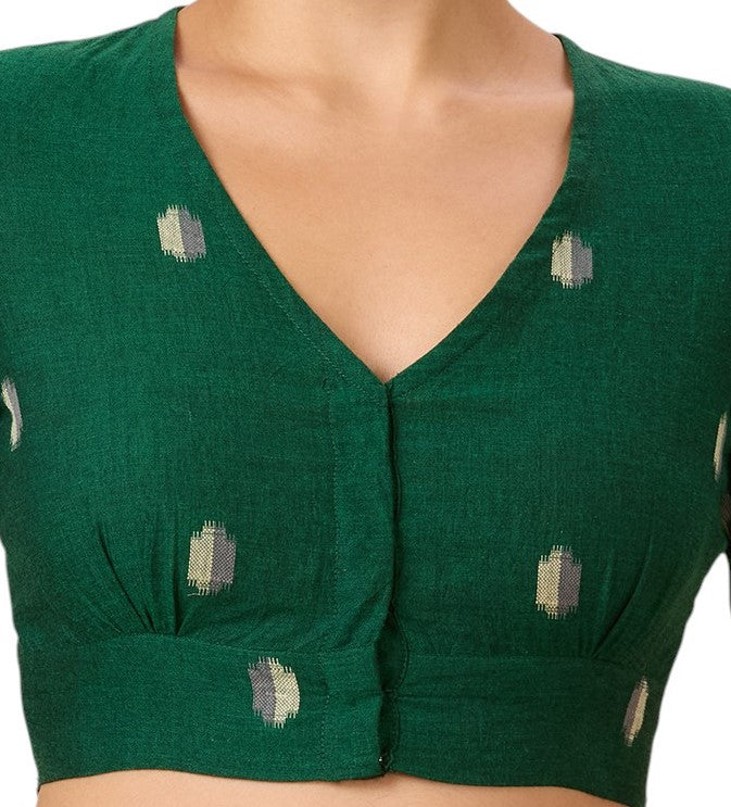 Studio Shringaar Women's Green Pure Cotton Soft Ikat Front Open Readymade Saree Blouse (Design 2895)