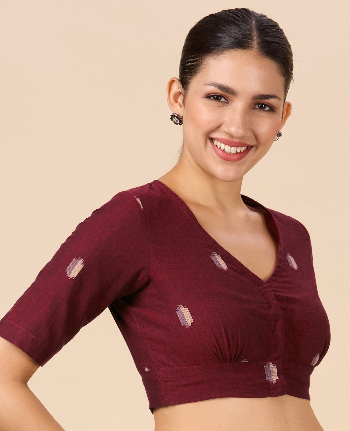 Studio Shringaar Women's Maroon Pure Cotton Soft Ikat Front Open Readymade Saree Blouse (Design 2895)