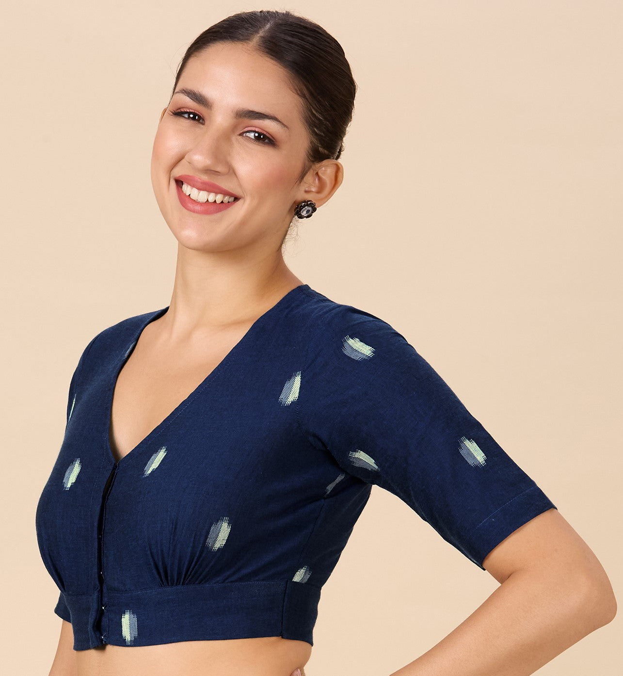 Studio Shringaar Women's Navy Blue Pure Cotton Soft Ikat Front Open Readymade Saree Blouse (Design 2895)