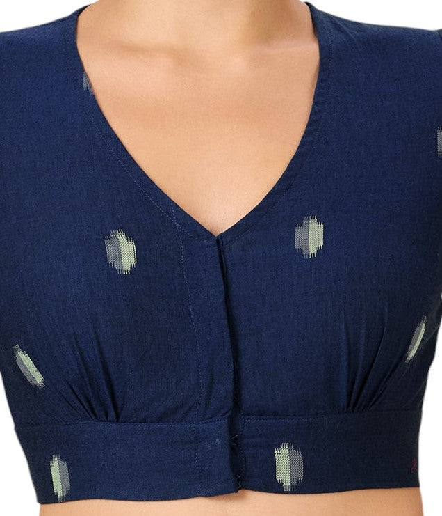 Studio Shringaar Women's Navy Blue Pure Cotton Soft Ikat Front Open Readymade Saree Blouse (Design 2895)