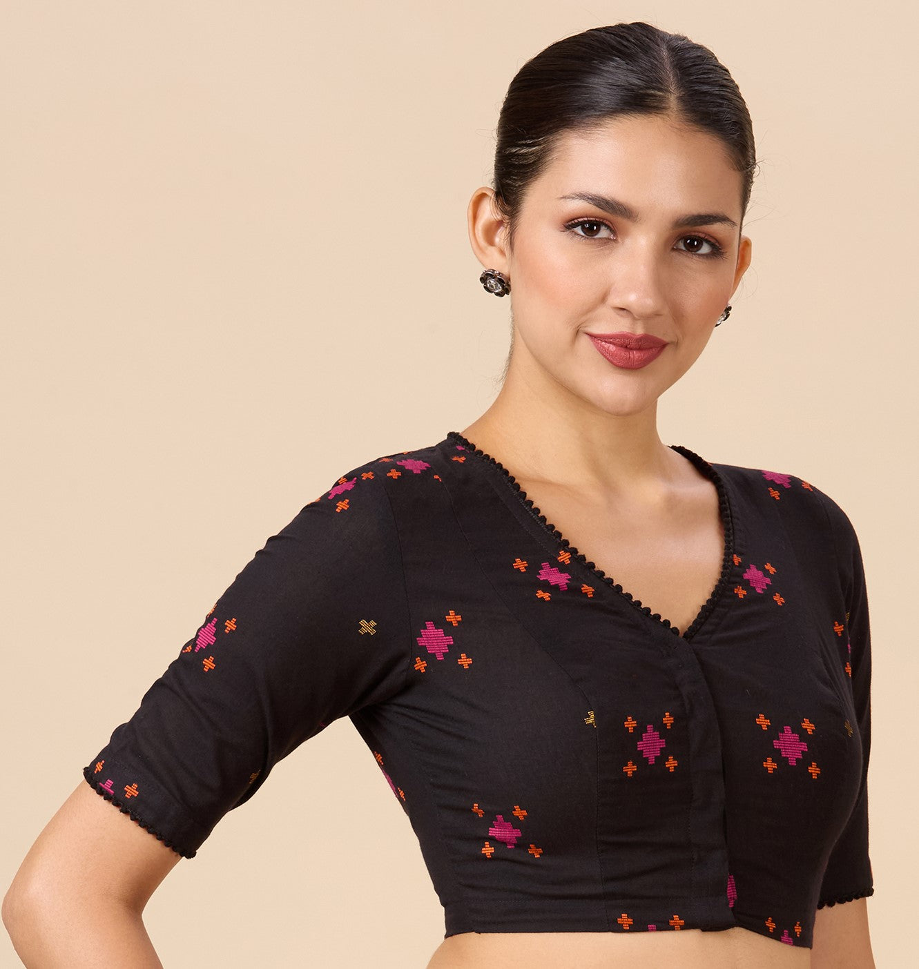 Studio Shringaar Women's Black Cotton Multicoloured Ikat Readymade Saree Blouse(Design 2897)