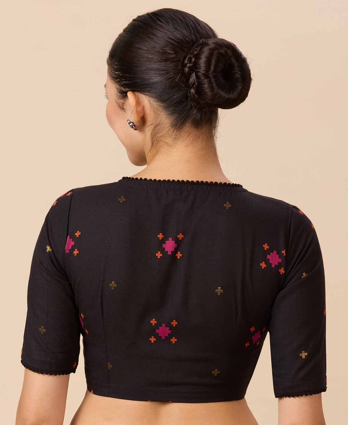 Studio Shringaar Women's Black Cotton Multicoloured Ikat Readymade Saree Blouse(Design 2897)