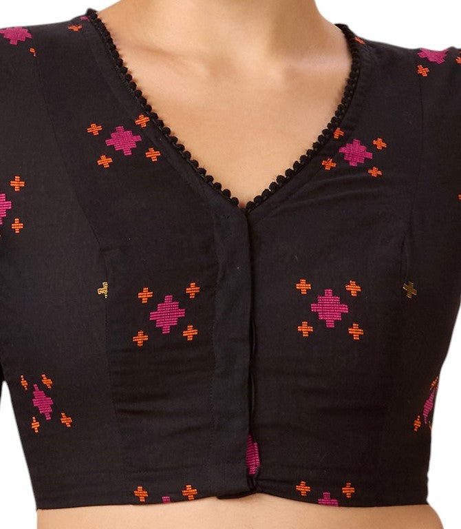 Studio Shringaar Women's Black Cotton Multicoloured Ikat Readymade Saree Blouse(Design 2897)