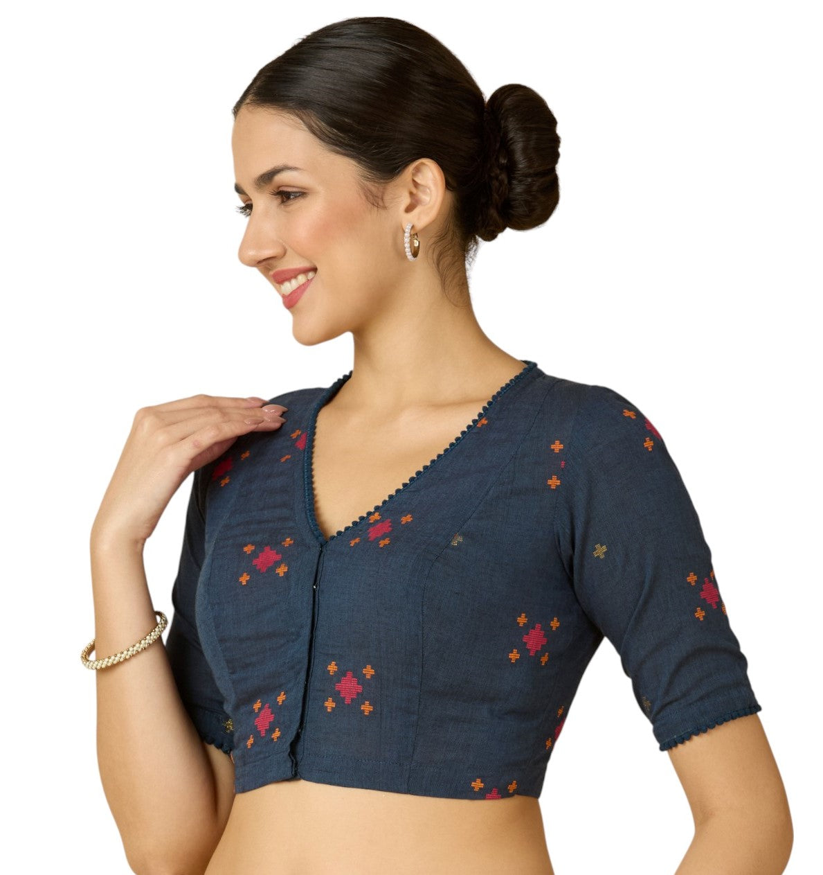 Studio Shringaar Women's Navy Blue Cotton Multicoloured Ikat Readymade Saree Blouse(Design 2897)