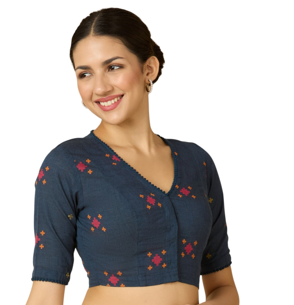 Studio Shringaar Women's Navy Blue Cotton Multicoloured Ikat Readymade Saree Blouse(Design 2897)