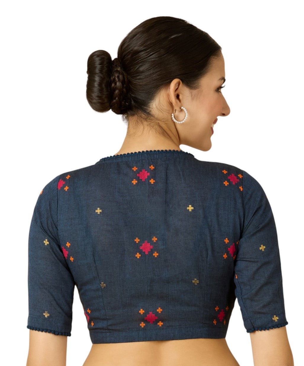 Studio Shringaar Women's Navy Blue Cotton Multicoloured Ikat Readymade Saree Blouse(Design 2897)