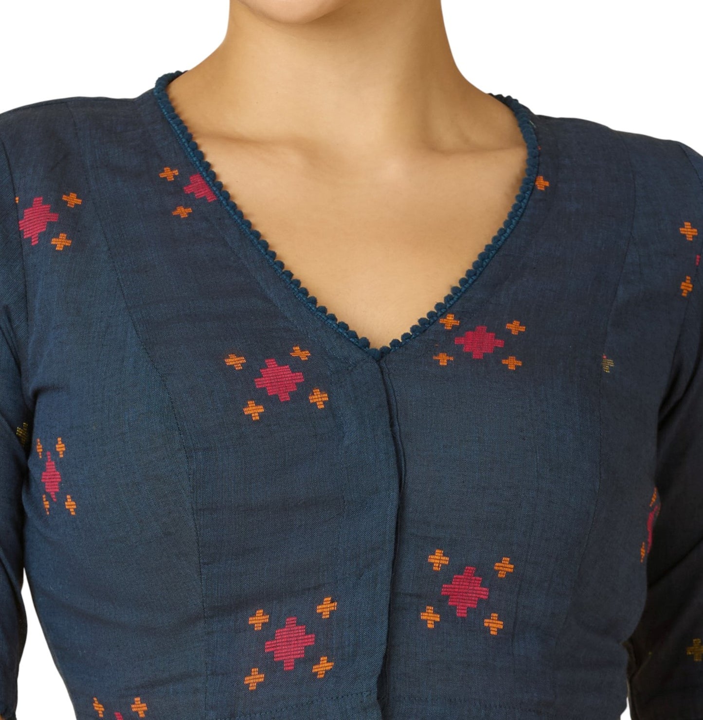 Studio Shringaar Women's Navy Blue Cotton Multicoloured Ikat Readymade Saree Blouse(Design 2897)