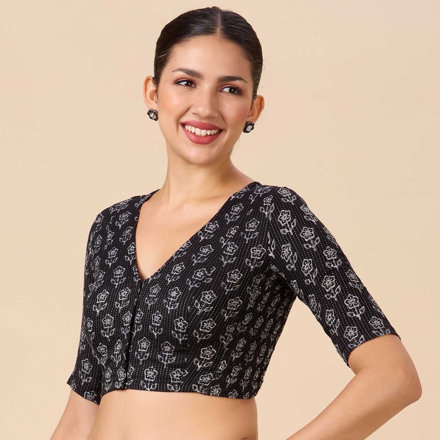 Studio Shringaar Women's Black Handloom Cotton Block Printed Saree Blouse with Stretchable Sides (Design 2899)