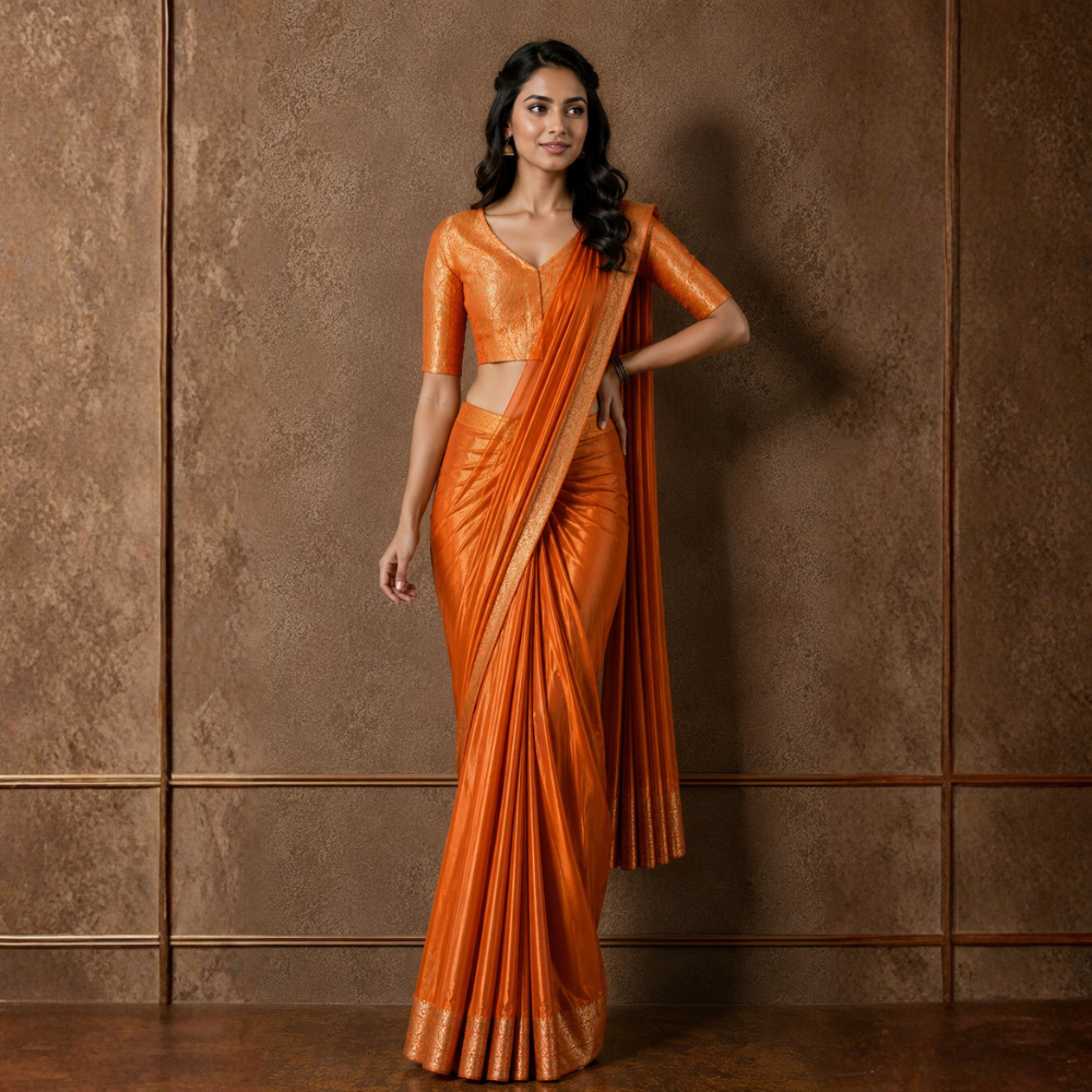 Studio Shringaar Women's Orange Brocade Side Stretch ( Smocked ) Readymade Saree Blouse (Design 3026)