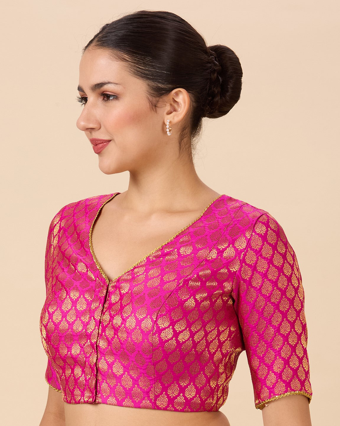 Studio Shringaar Women's Pink Brocade V-Neck Readymade Saree Blouse (Design 2900)