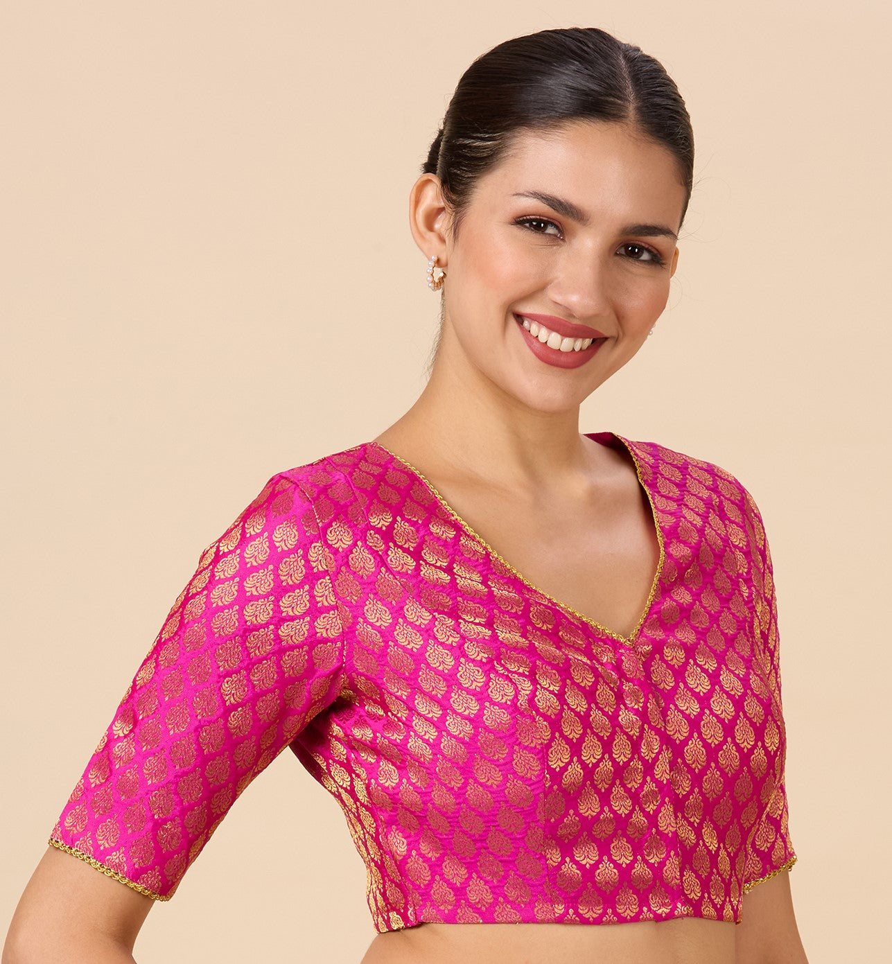 Studio Shringaar Women's Pink Brocade V-Neck Readymade Saree Blouse (Design 2900)
