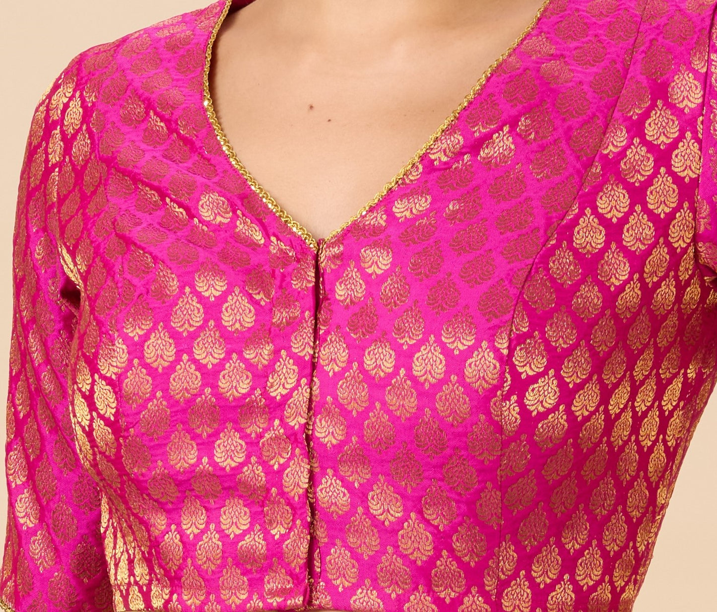 Studio Shringaar Women's Pink Brocade V-Neck Readymade Saree Blouse (Design 2900)