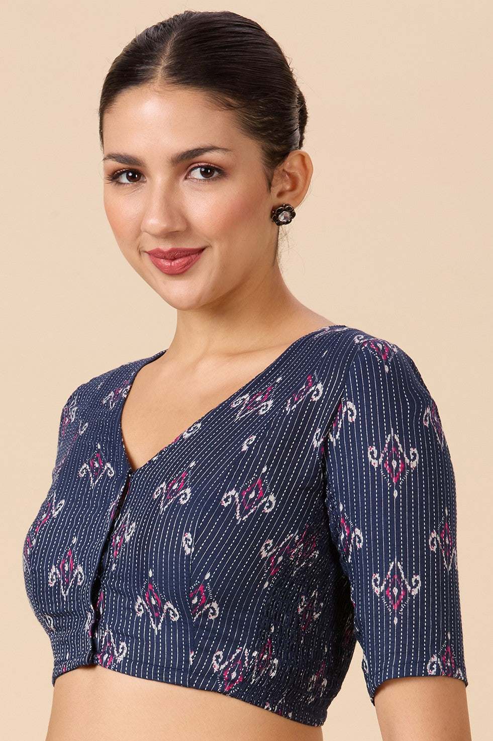 Studio Shringaar Women's Blue Cotton Handloom Ikat Stretchable (Smocked) Readymade Saree Blouse(Design 2901)