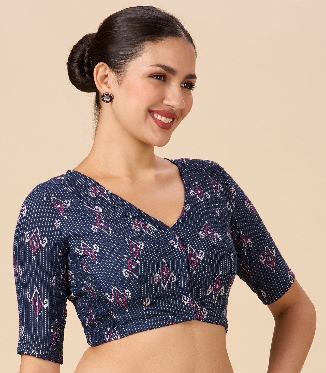 Studio Shringaar Women's Blue Cotton Handloom Ikat Stretchable (Smocked) Readymade Saree Blouse(Design 2901)