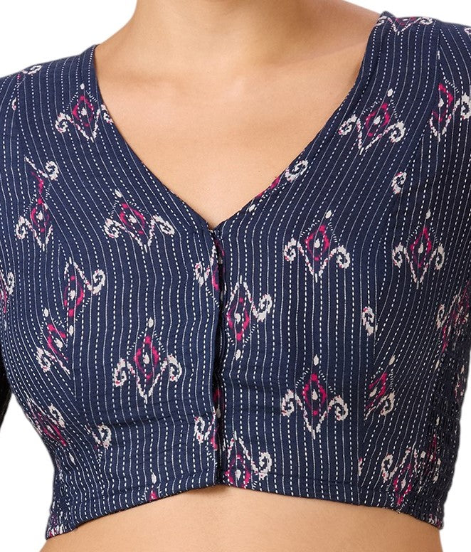Studio Shringaar Women's Blue Cotton Handloom Ikat Stretchable (Smocked) Readymade Saree Blouse(Design 2901)