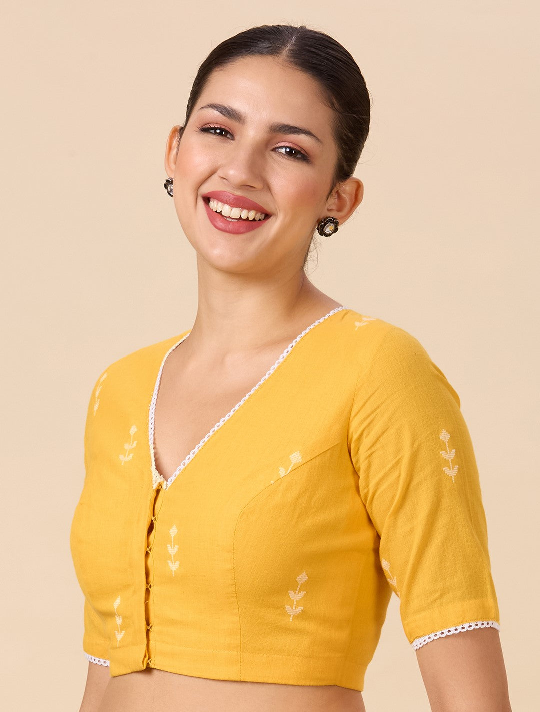 Studio Shringaar Women's Yellow Pure Handloom Cotton Saree Blouse with Delicate Woven Flowers (Design 2902)