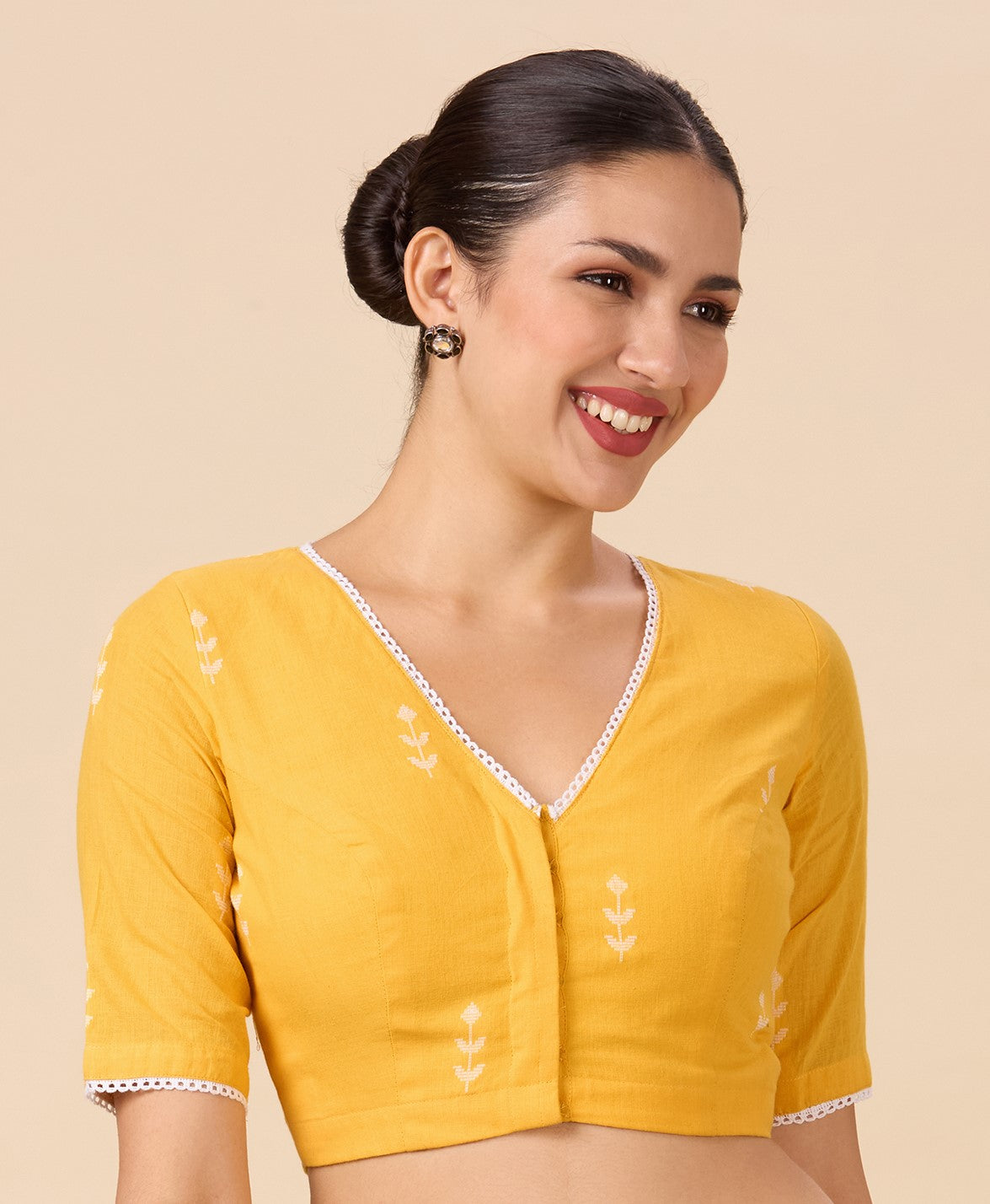 Studio Shringaar Women's Yellow Pure Handloom Cotton Saree Blouse with Delicate Woven Flowers (Design 2902)