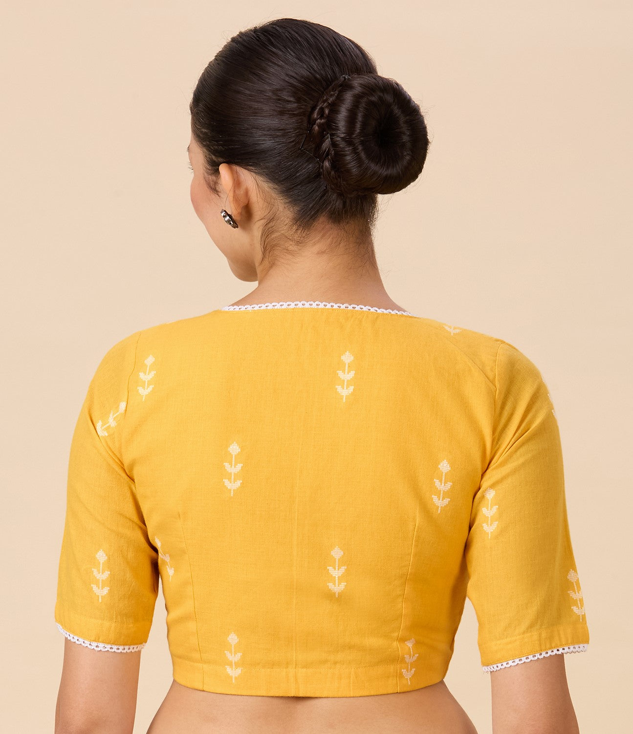 Studio Shringaar Women's Yellow Pure Handloom Cotton Saree Blouse with Delicate Woven Flowers (Design 2902)