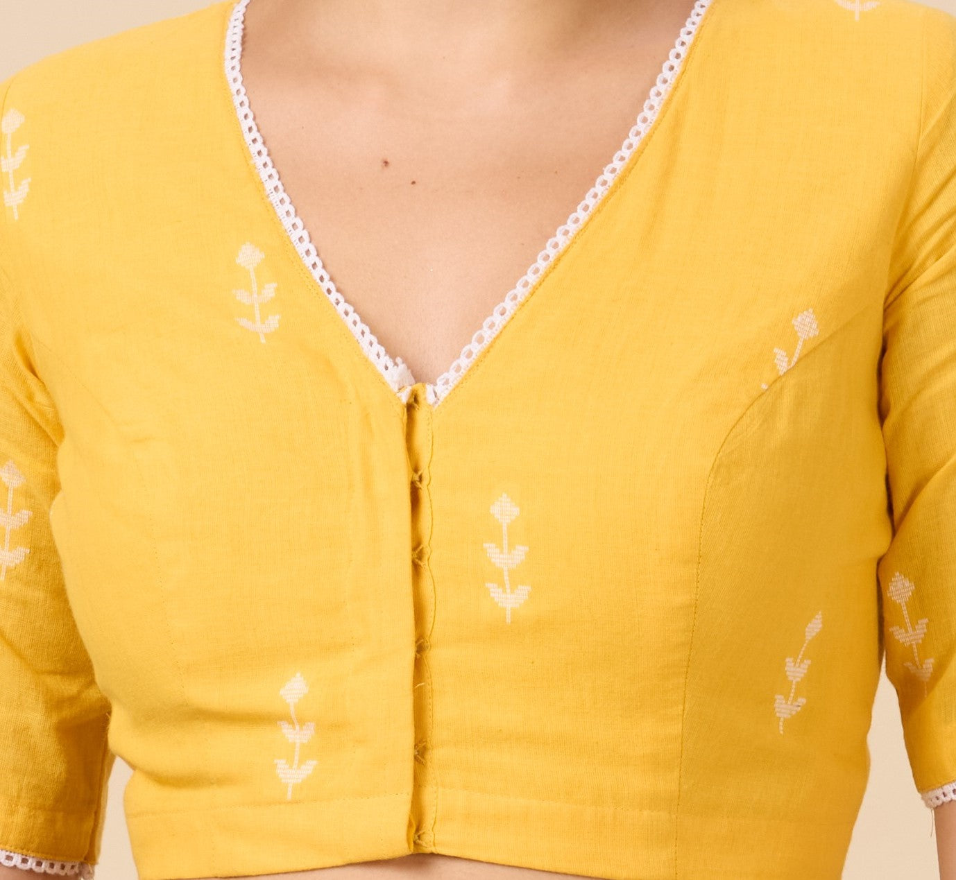 Studio Shringaar Women's Yellow Pure Handloom Cotton Saree Blouse with Delicate Woven Flowers (Design 2902)