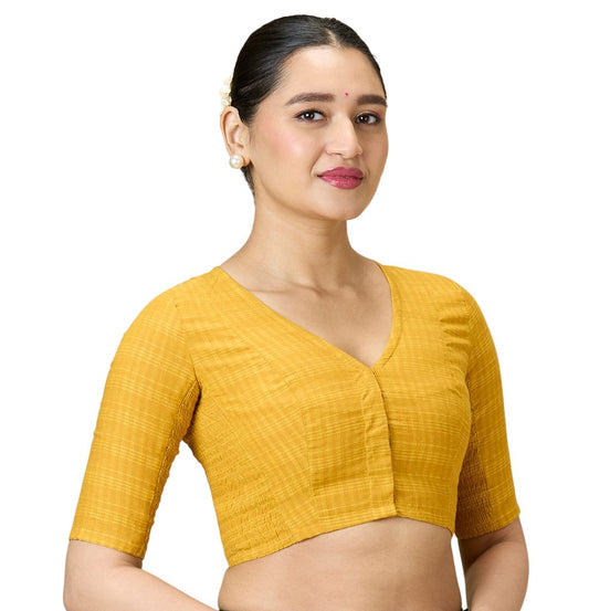 Women's Mustard Cotton Madras Checks Saree Blouse with Stretchable Sides (Design 2903)