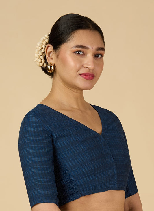 Women's Navy Blue Cotton Madras Checks Saree Blouse with Stretchable Sides (Design 2903)