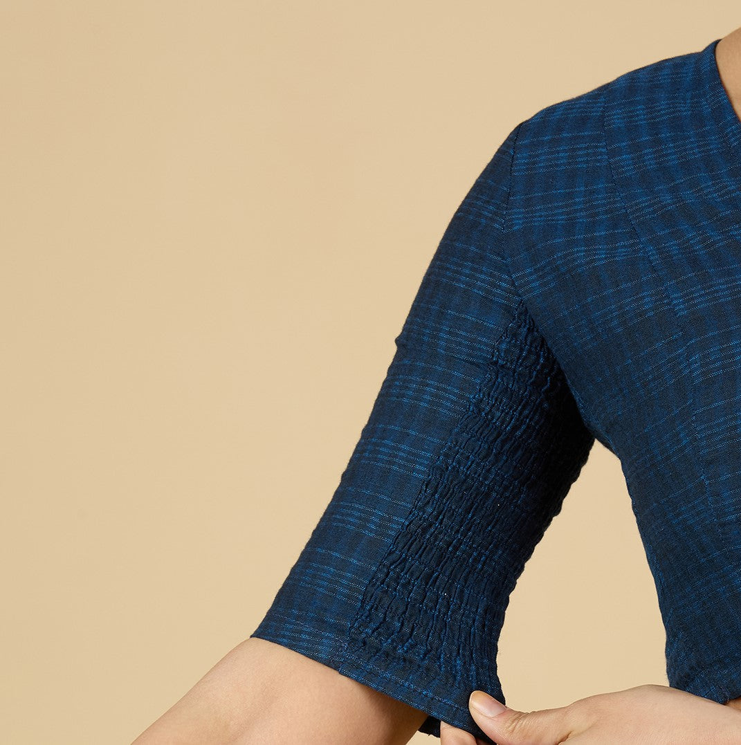 Women's Navy Blue Cotton Madras Checks Saree Blouse with Stretchable Sides (Design 2903)