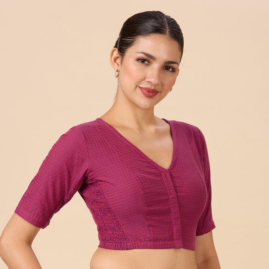 Women's Pink Cotton Madras Checks Saree Blouse with Stretchable Sides (Design 2903)