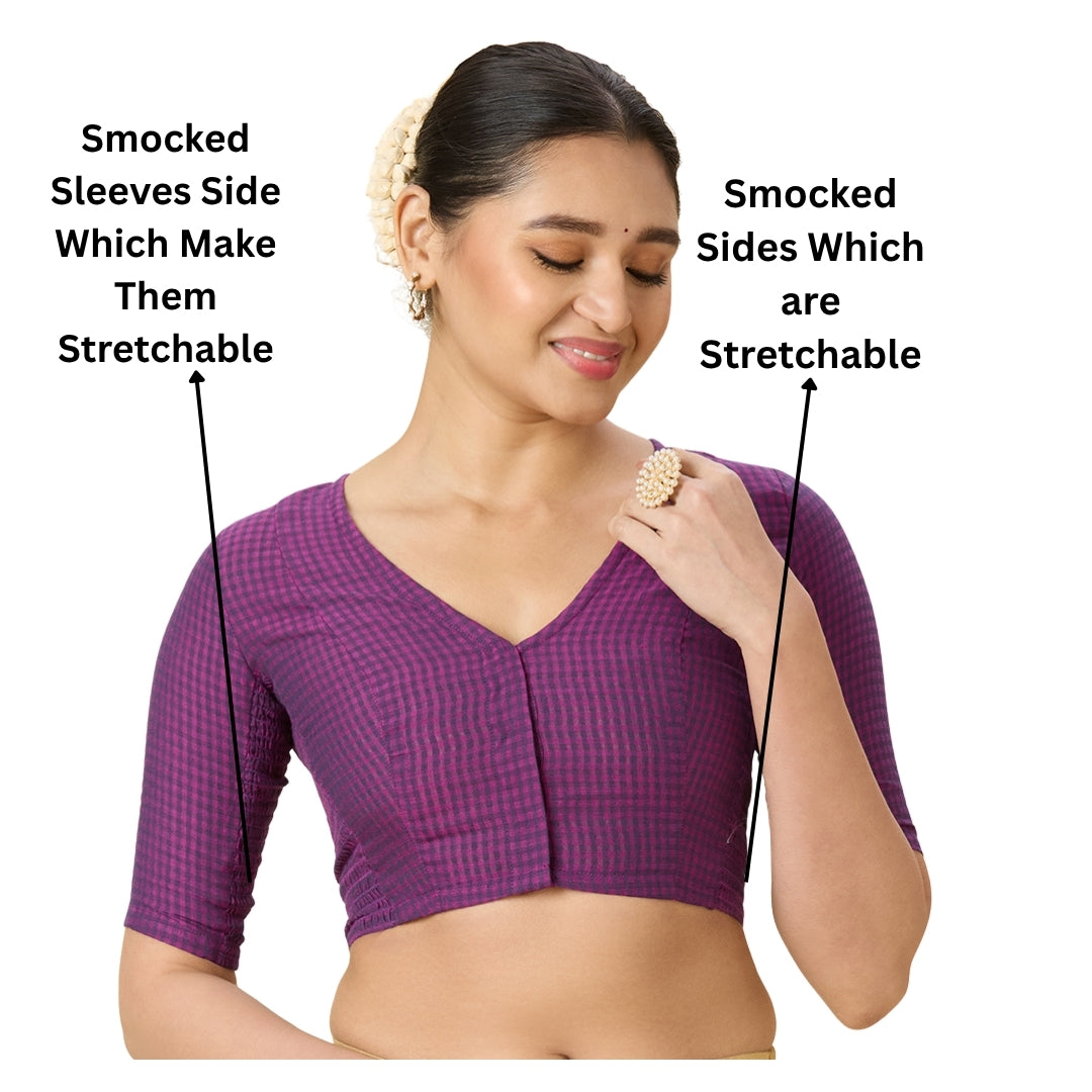 Women's Purple Cotton Madras Checks Saree Blouse with Stretchable Sides (Design 2903)