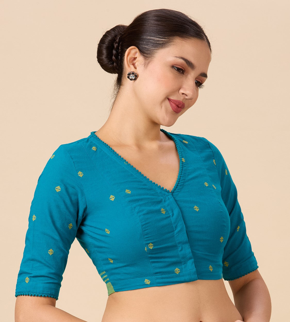 Studio Shringaar Women's Blue Handloom Cotton Dobby Readymade Saree Blouse (Design 2904)