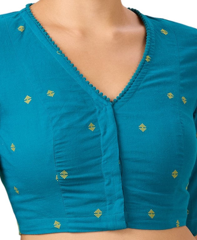 Studio Shringaar Women's Blue Handloom Cotton Dobby Readymade Saree Blouse (Design 2904)