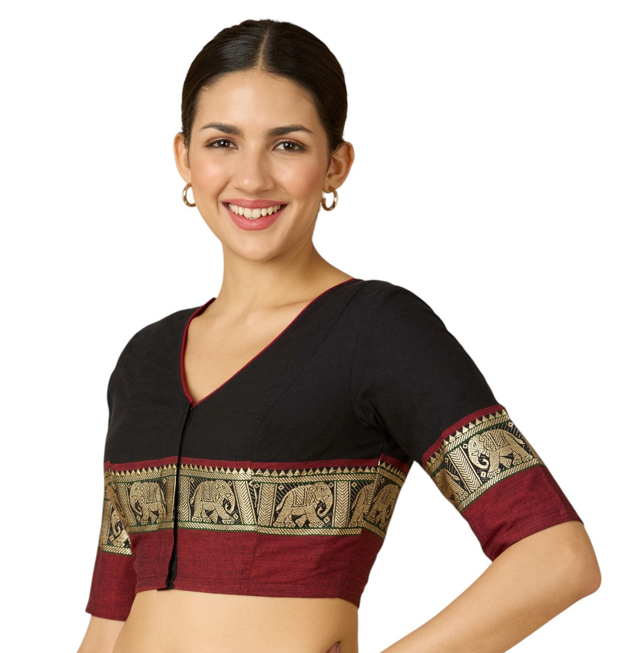 Studio Shringaar Women's Black Handloom Cotton Elephant Temple Border Readymade Saree Blouse (Design 2905)