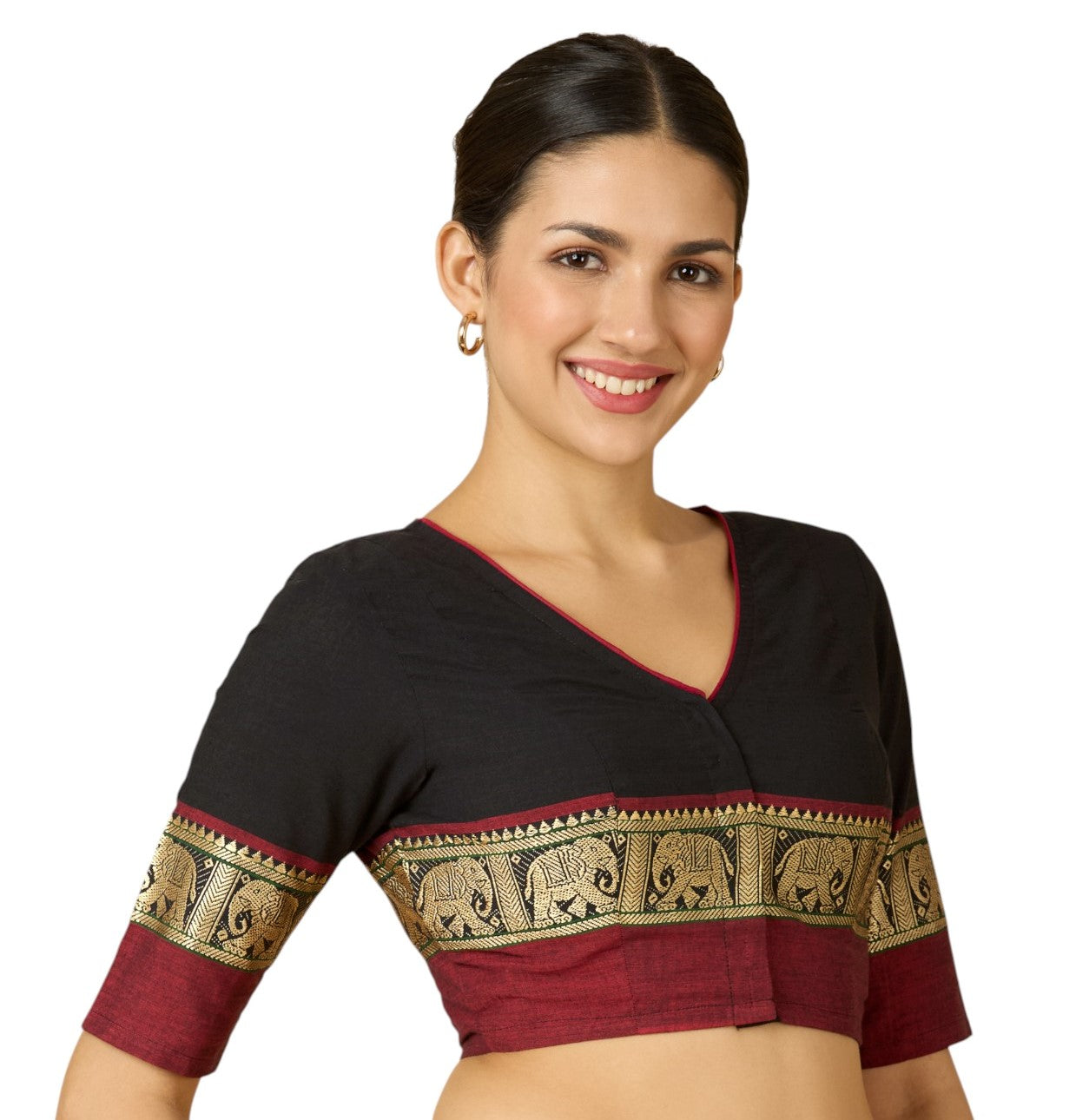 Studio Shringaar Women's Black Handloom Cotton Elephant Temple Border Readymade Saree Blouse (Design 2905)
